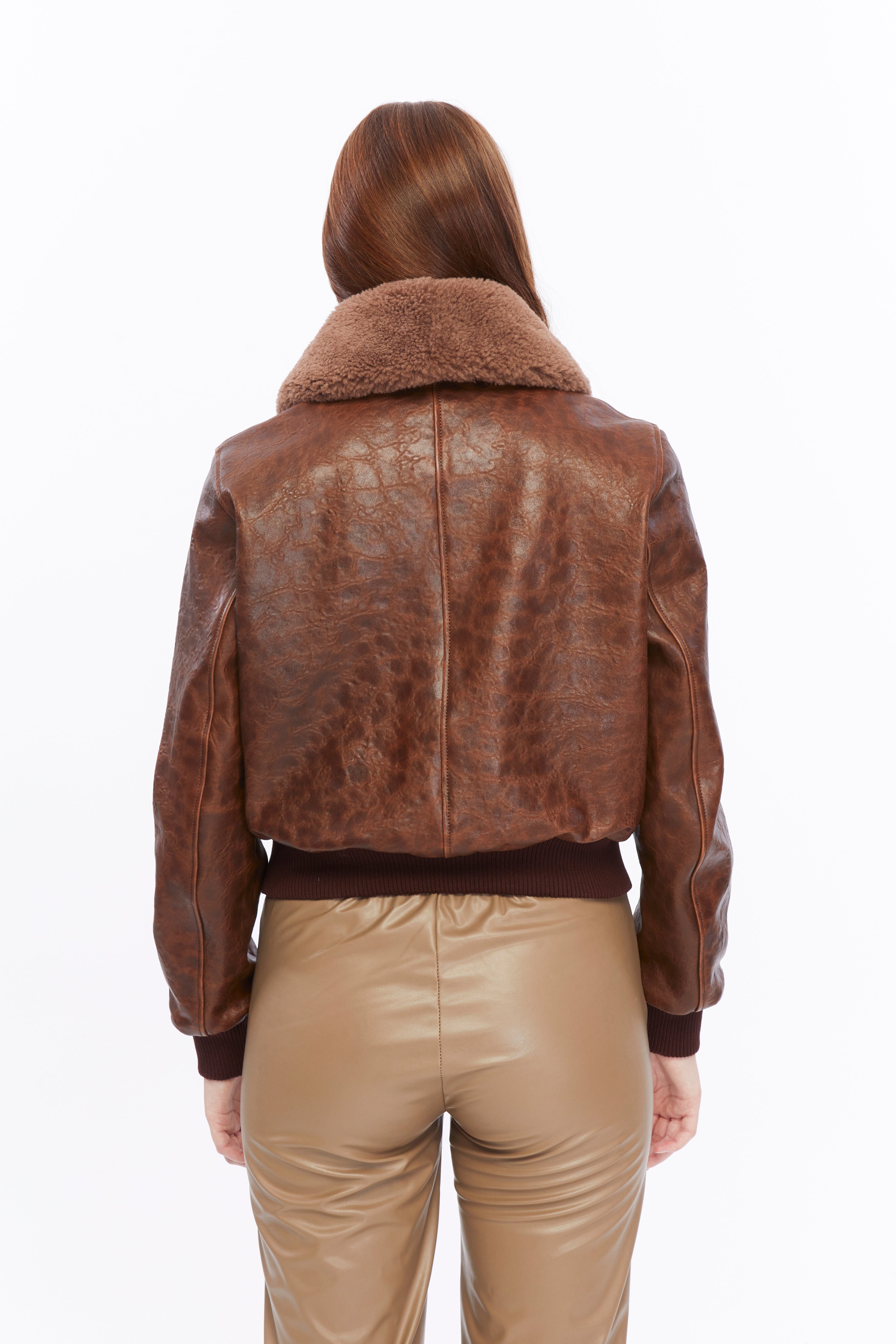 Women's Leather Bomber Jacket, Rich Brown