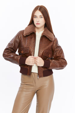 Image of Women's Leather Bomber Jacket, Rich Brown