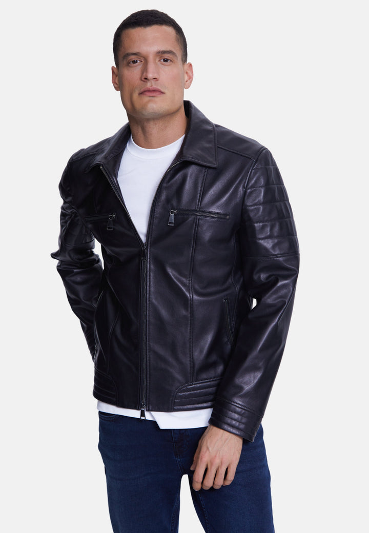 Man wearing black leather jacket