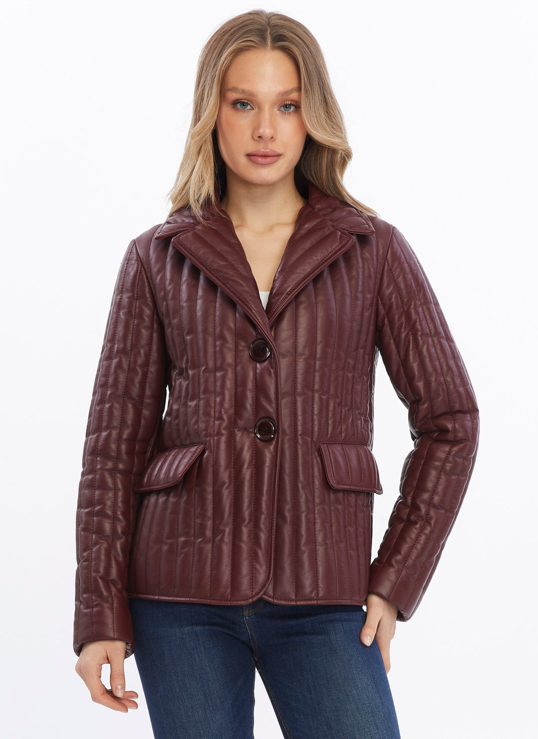 Woman wearing burgundy quilted leather coat