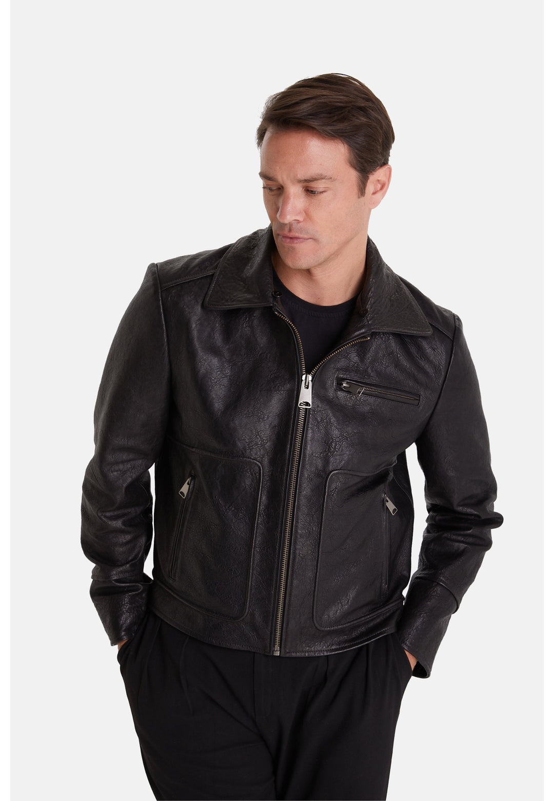 Man wearing black leather jacket