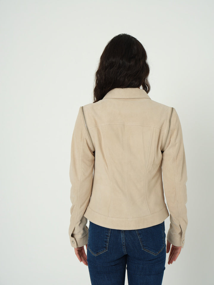 Beige suede jacket back view