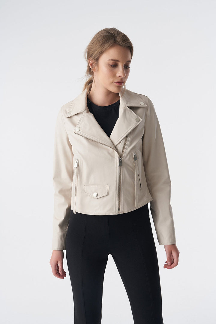 Beige cropped leather moto jacket