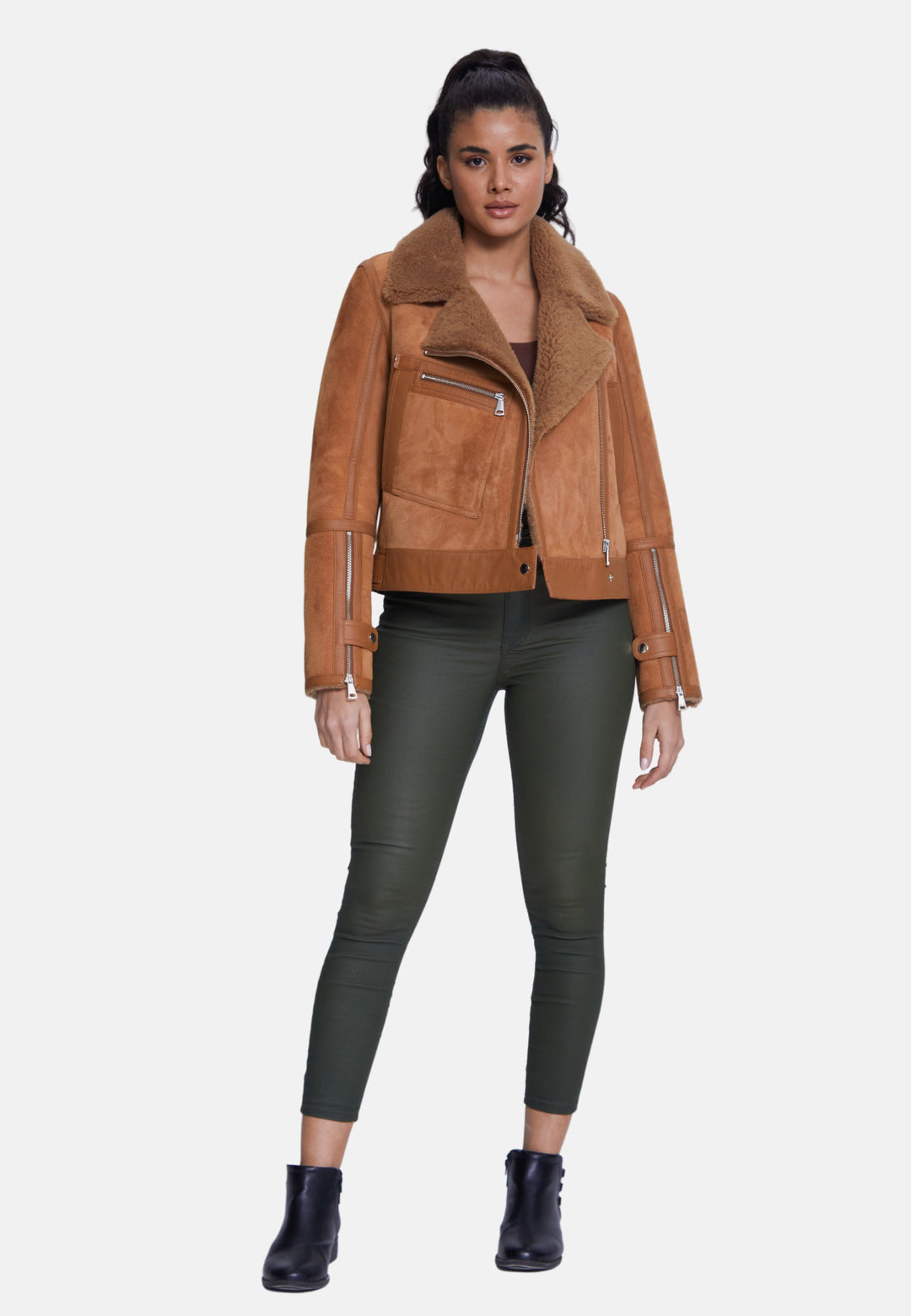 Brown sheepskin aviator jacket on model