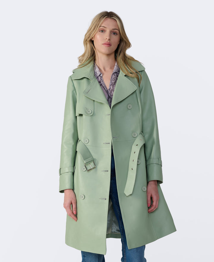 Sage green leather trench coat