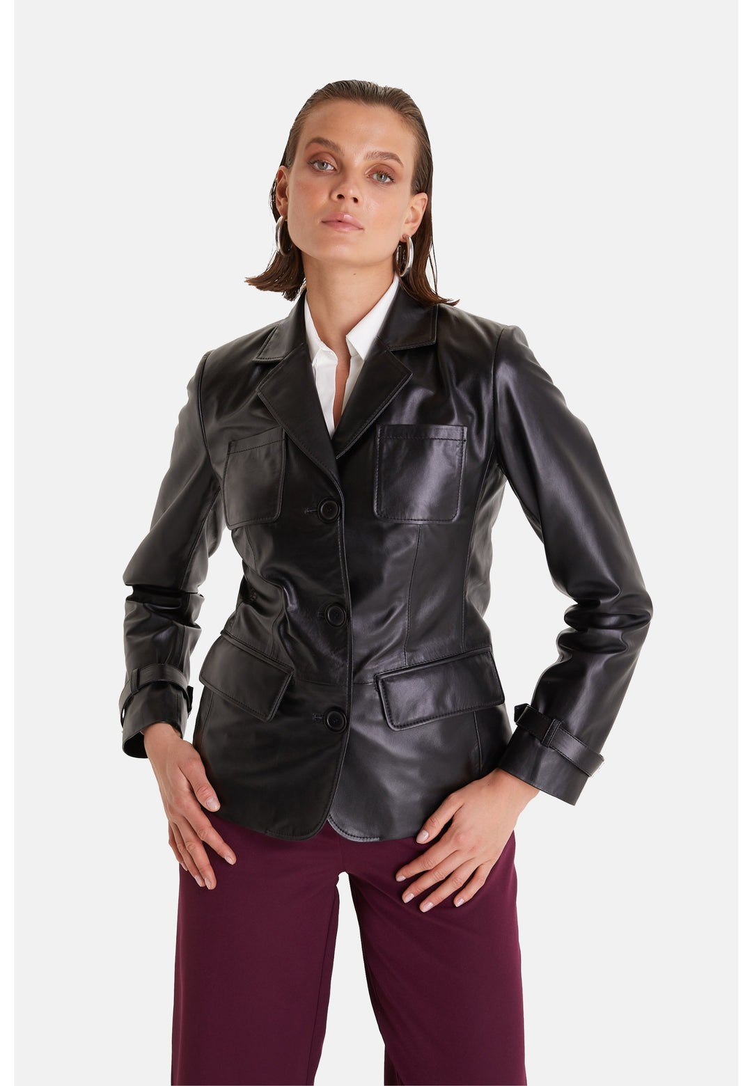 Female model in black leather jacket