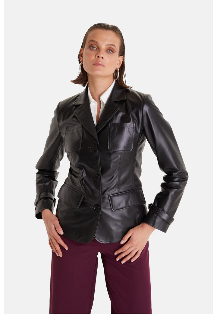 Female model in black leather jacket