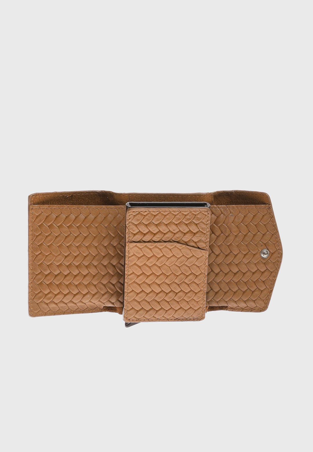 Tan woven leather tri-fold wallet