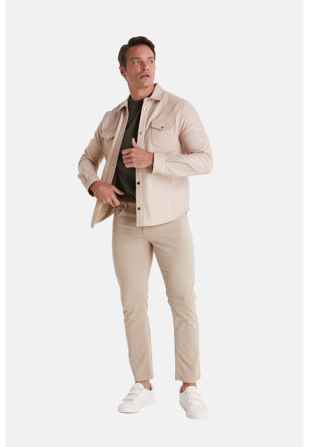 Man wearing beige leather jacket