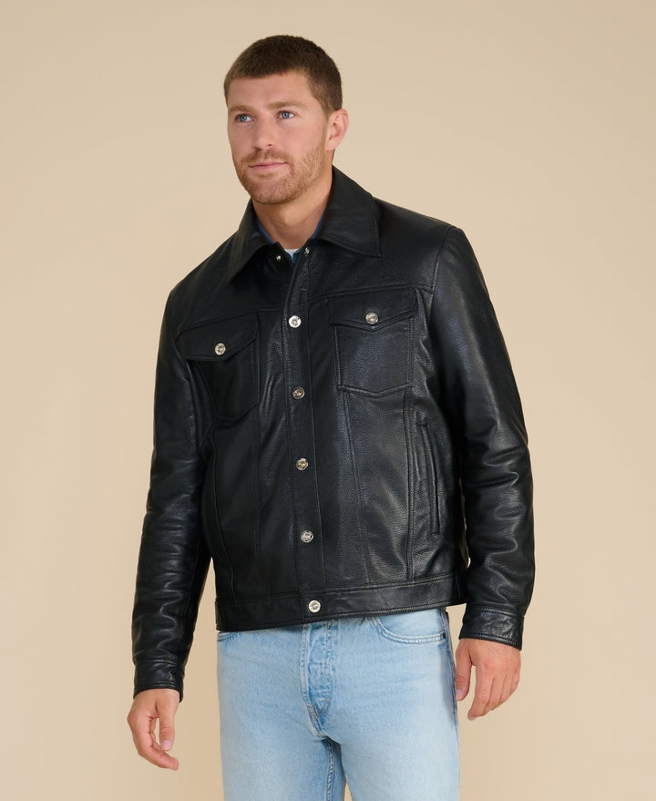 Man wearing black leather jacket