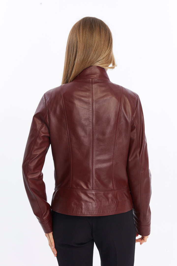 Back view of burgundy leather jacket