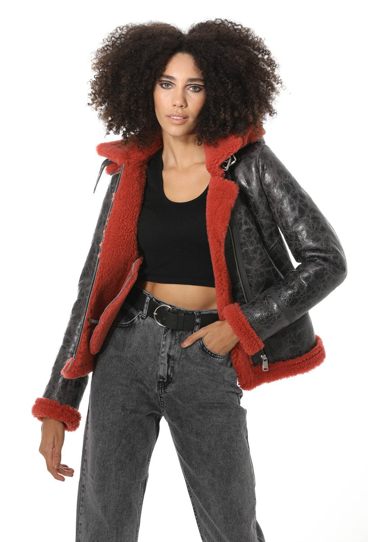 Black shearling jacket with red lining