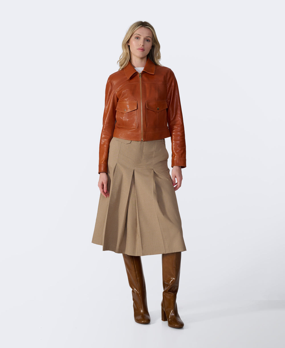 Cognac leather jacket on model