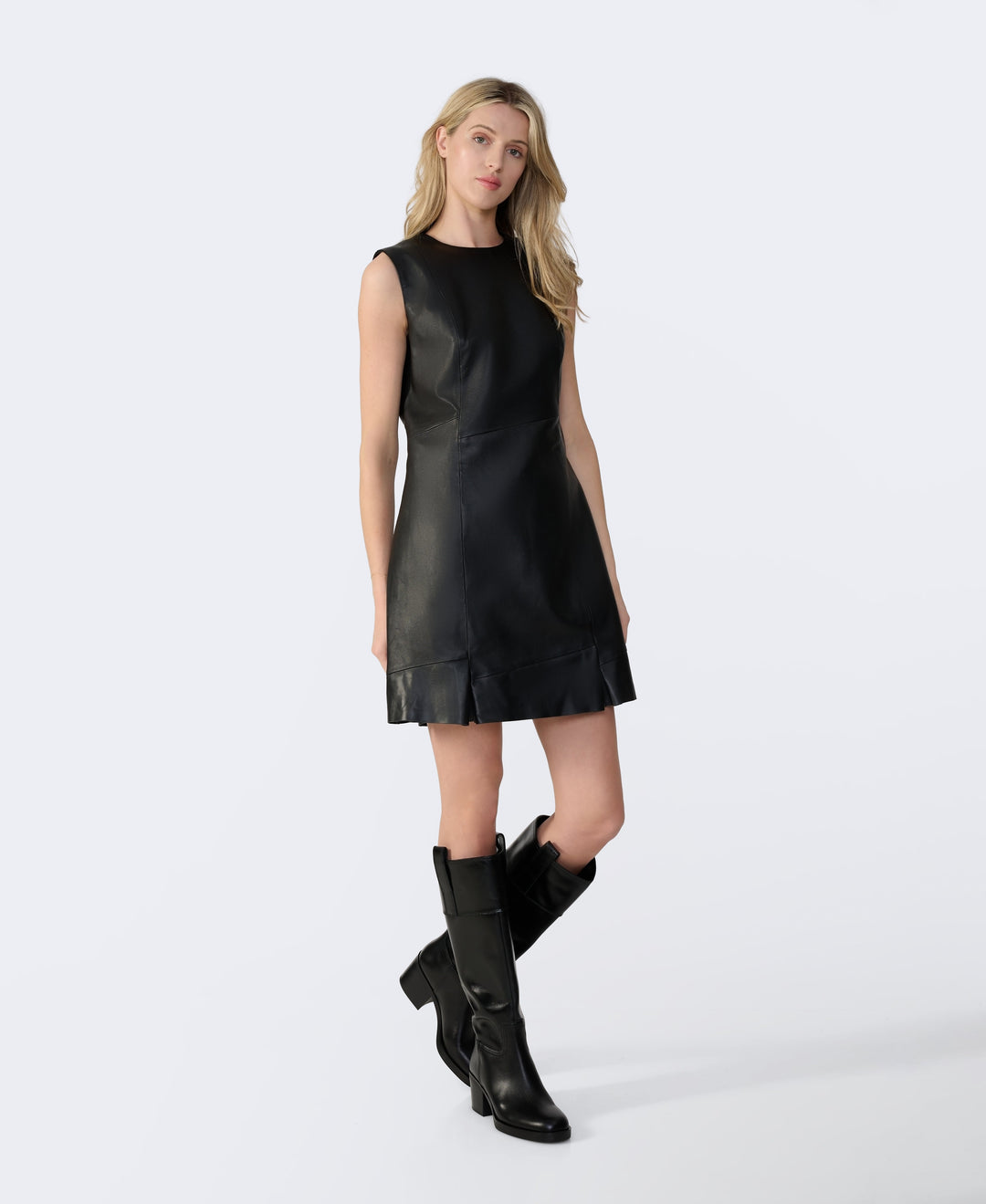 Sleeveless black leather mini dress