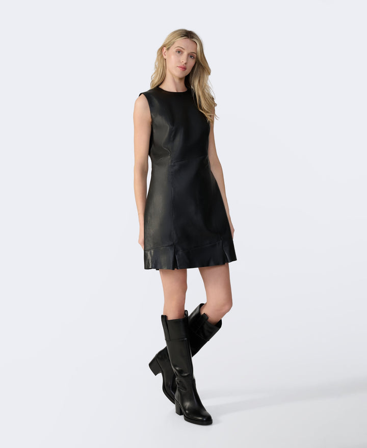 Sleeveless black leather mini dress