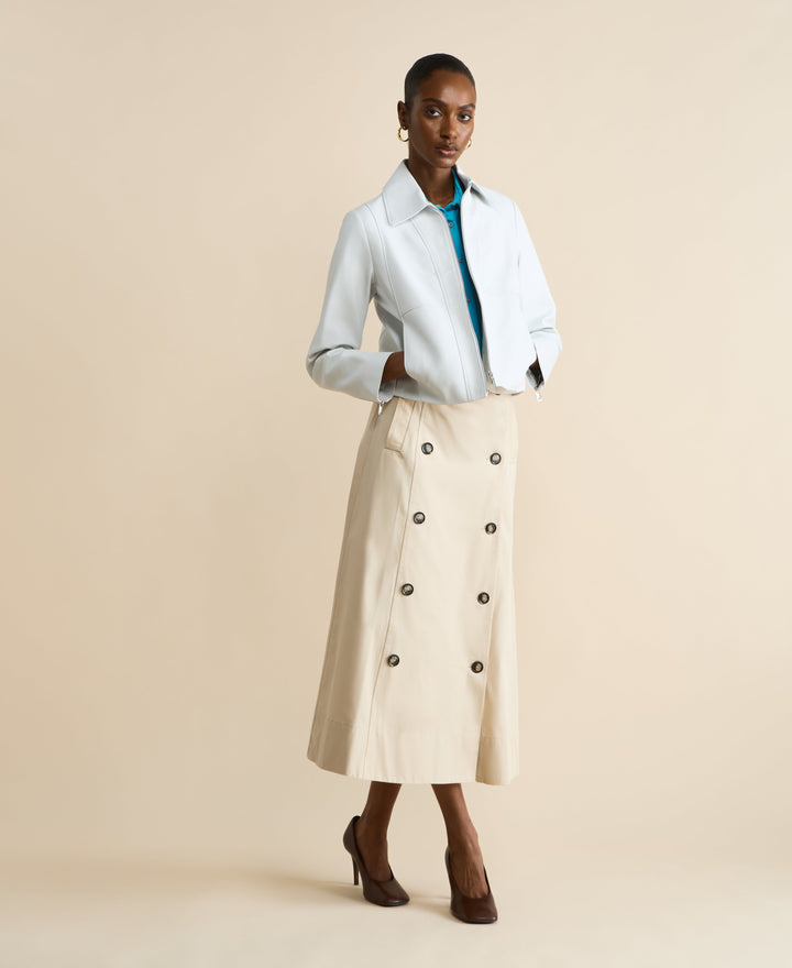 Light blue leather jacket on model