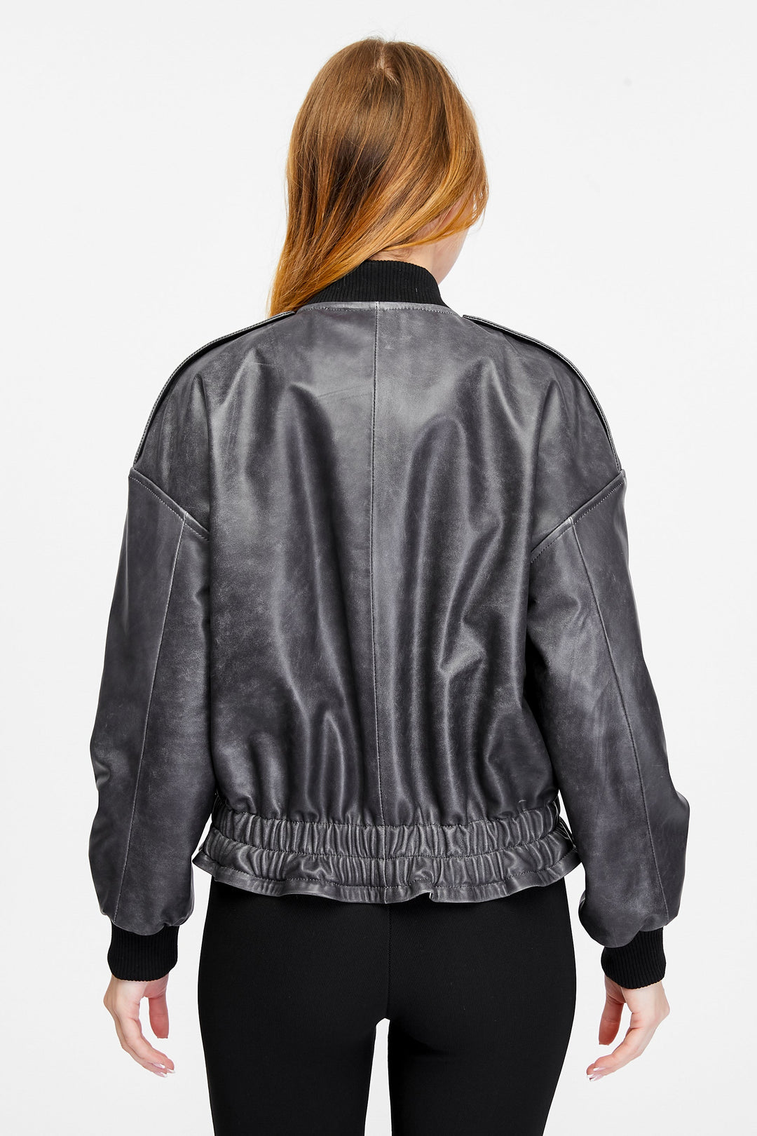 Back of grey leather bomber jacket