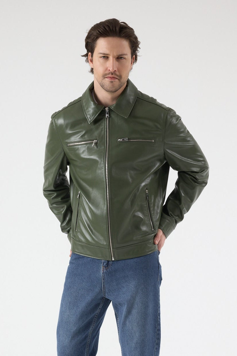 Men’s khaki green leather jacket front view, Lennox jacket by FURNIQ UK, 100% British leather, zip front, tailored fit