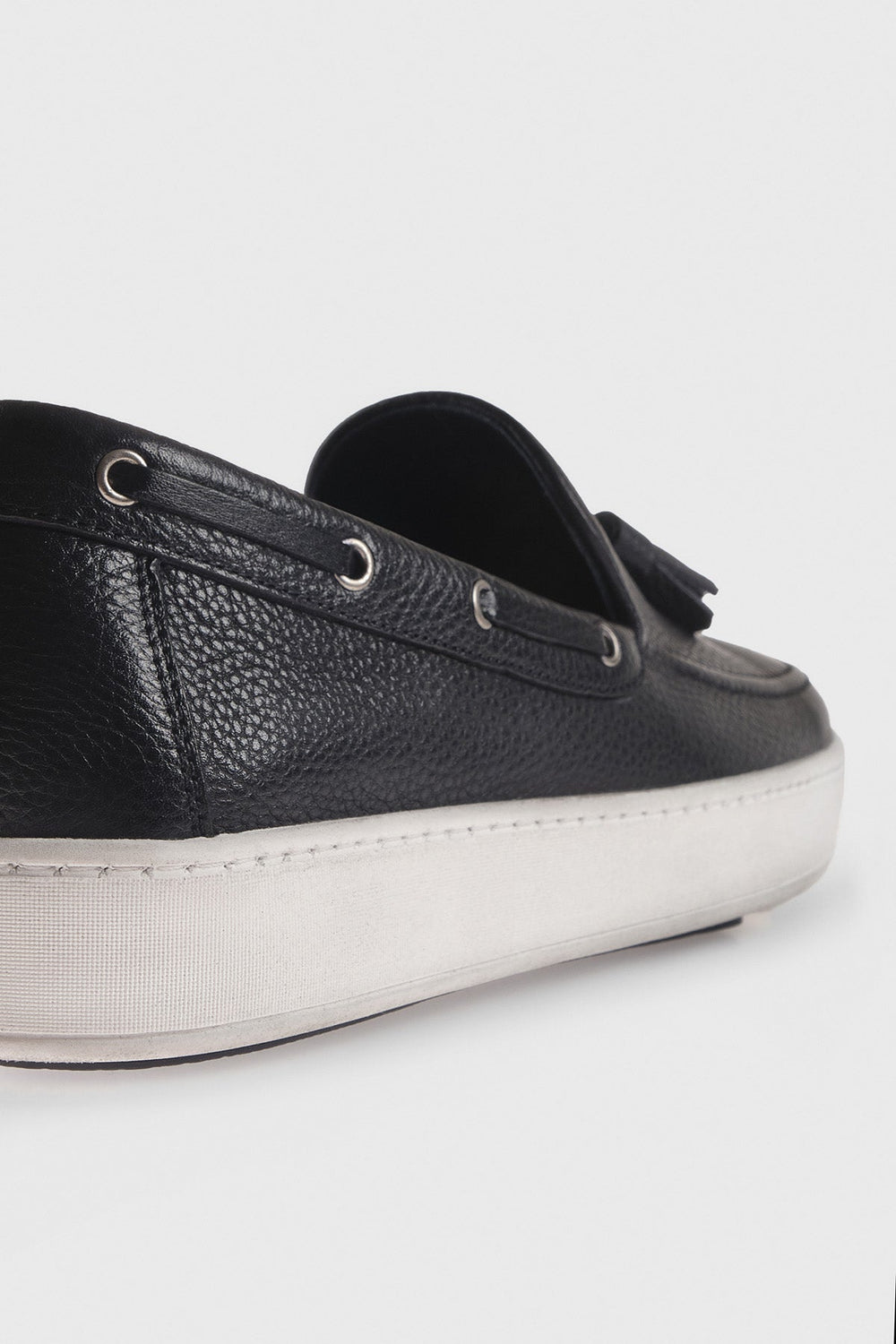 Navy leather tassel loafer rear-side