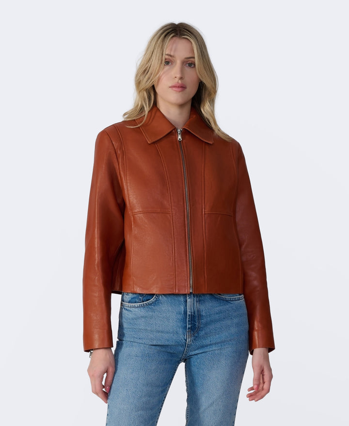 Cognac leather jacket on model