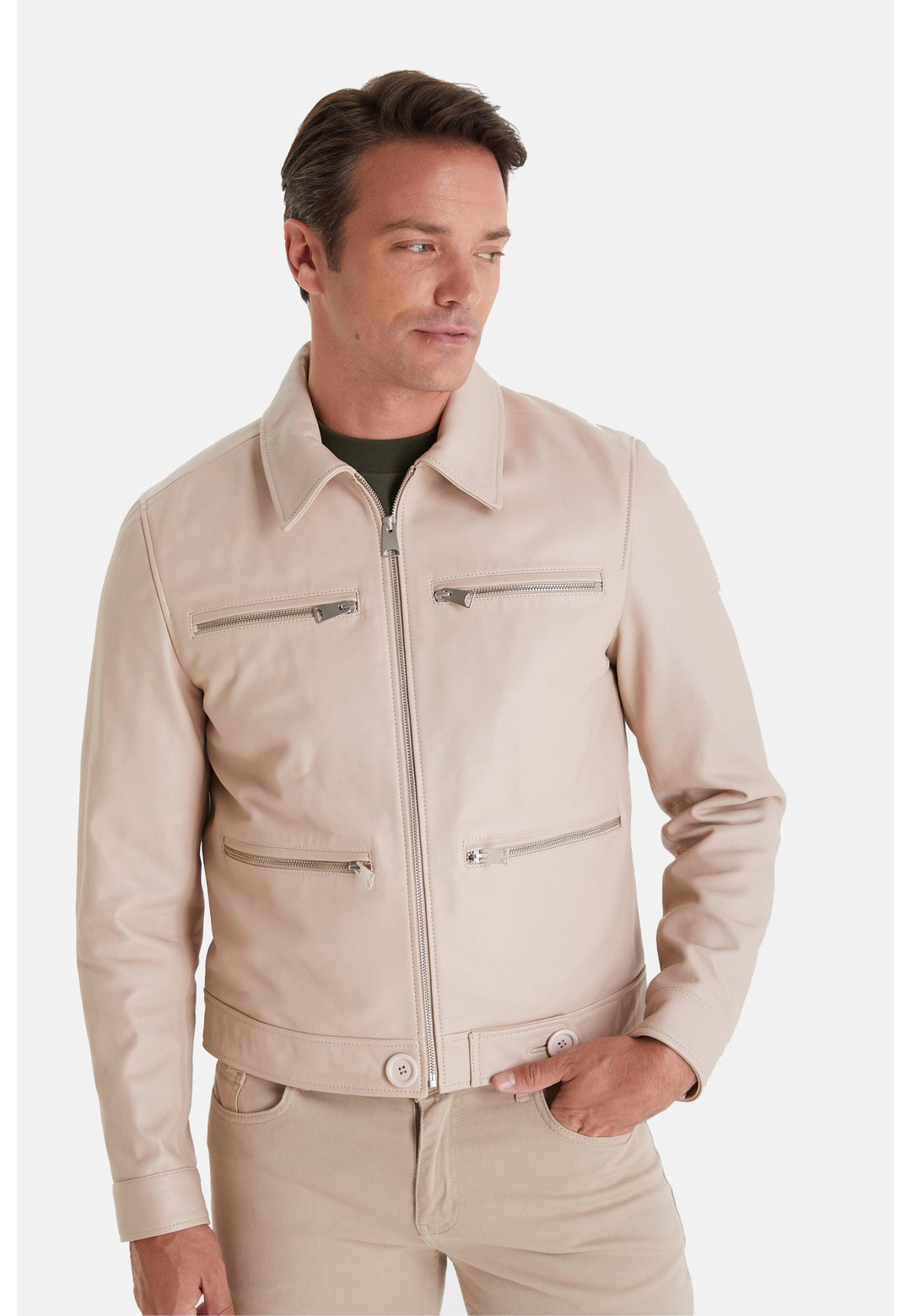 Beige leather jacket on male model