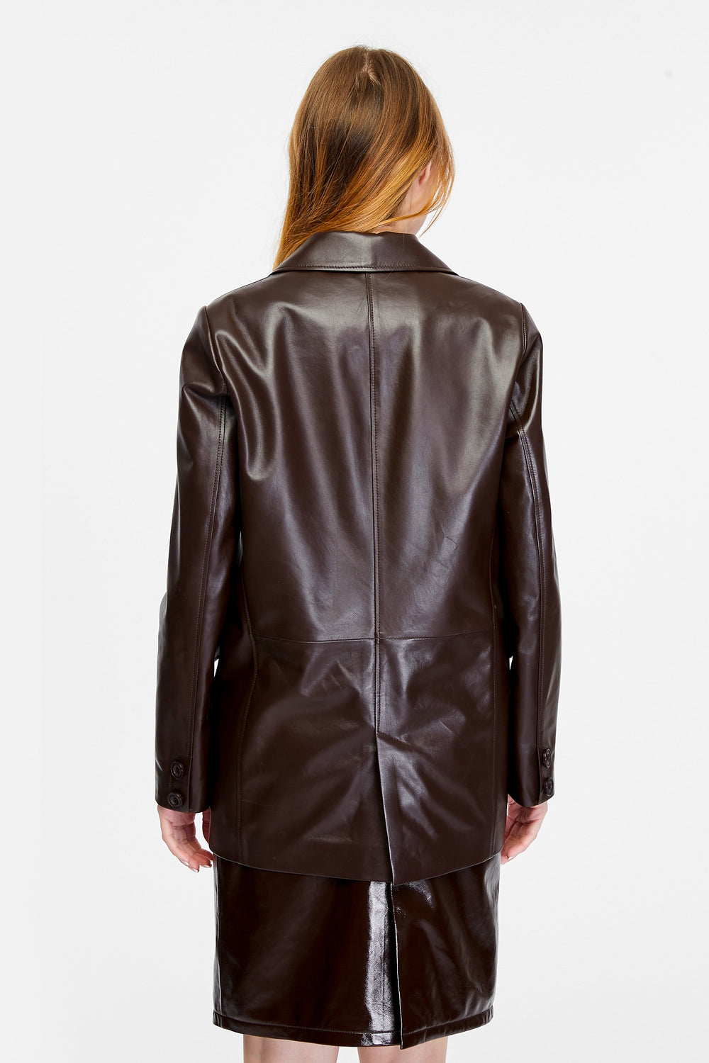 Back view brown leather jacket on model