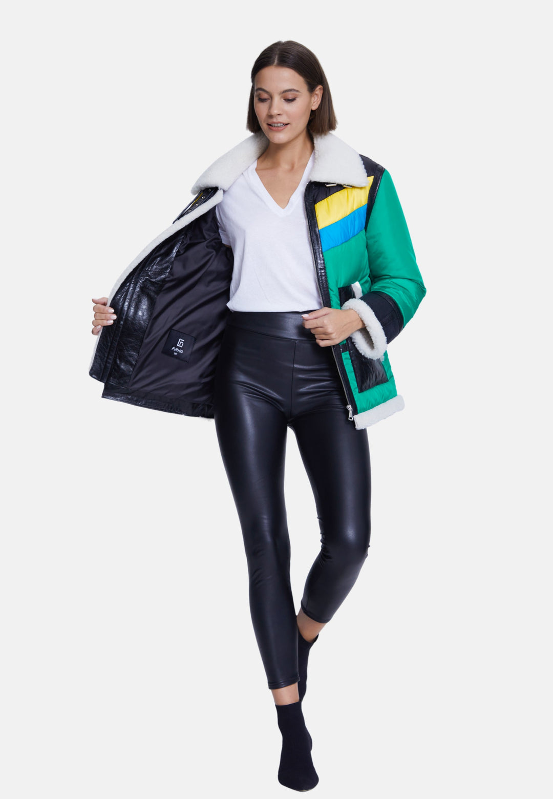 Woman wearing colorful sheepskin coat