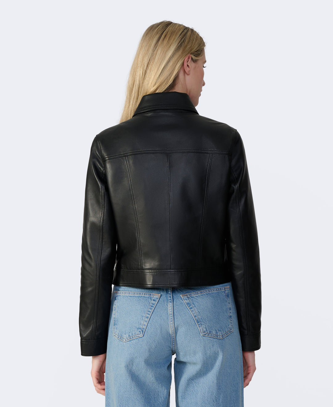 Back view black leather jacket on model