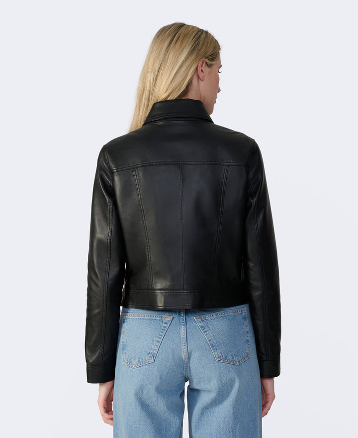 Back view black leather jacket on model