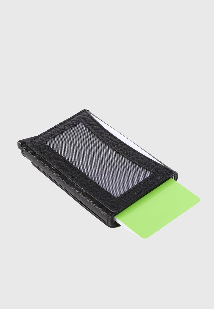 Black genuine leather card holder with mesh window