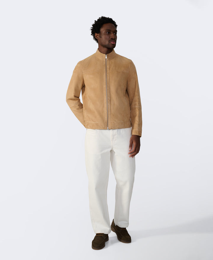Tan suede bomber jacket on model