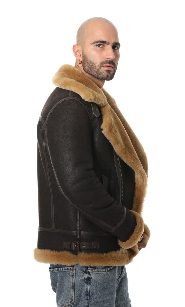 Brown sheepskin shearling jacket on model