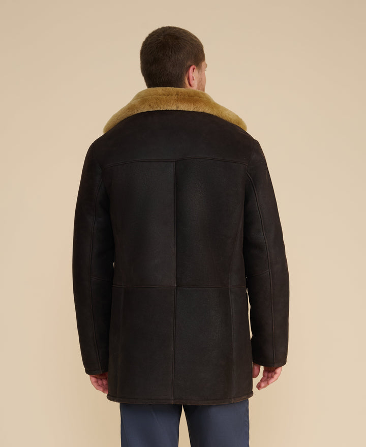Back of dark shearling coat - tan collar