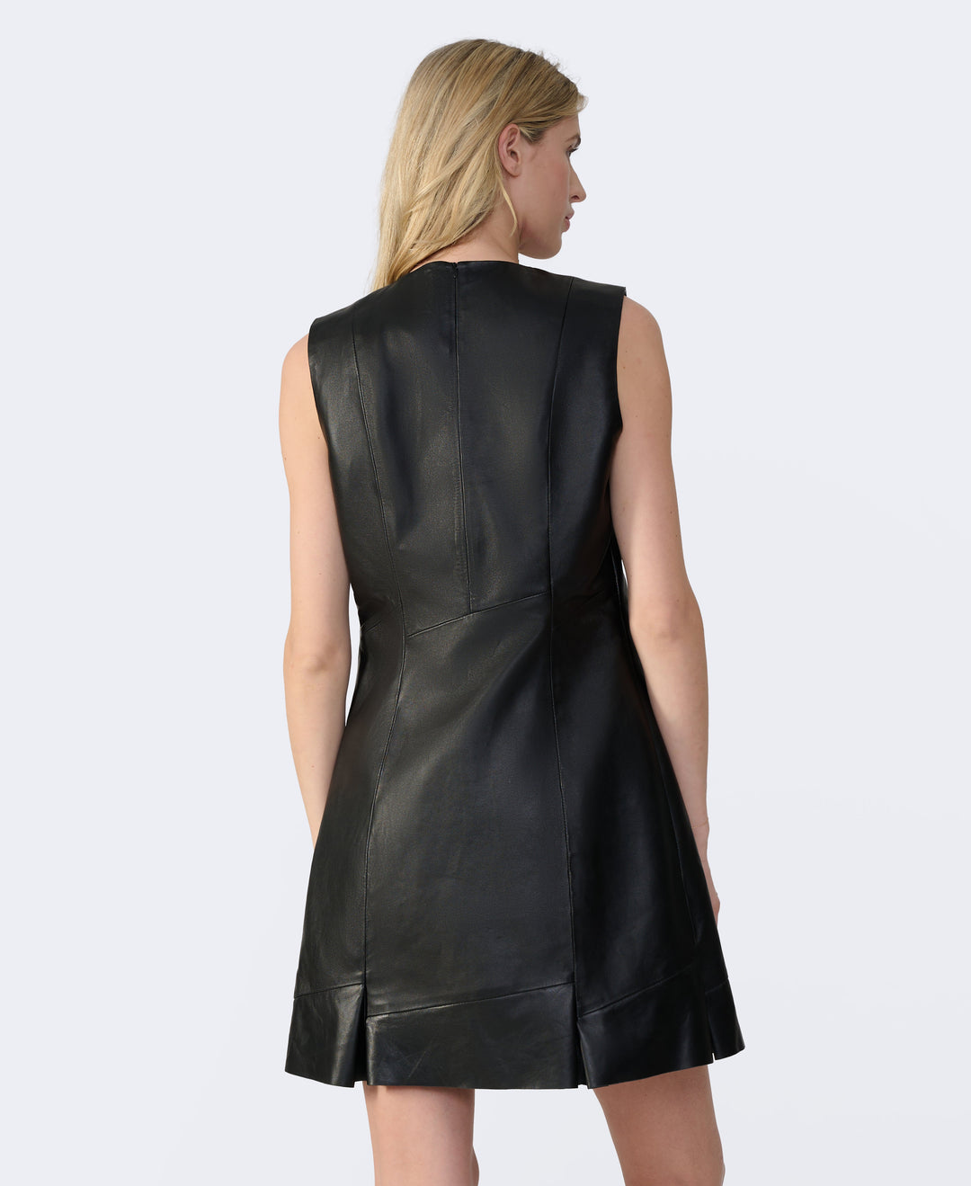 Back view of black leather dress