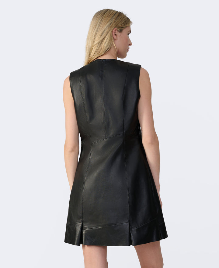 Back view of black leather dress