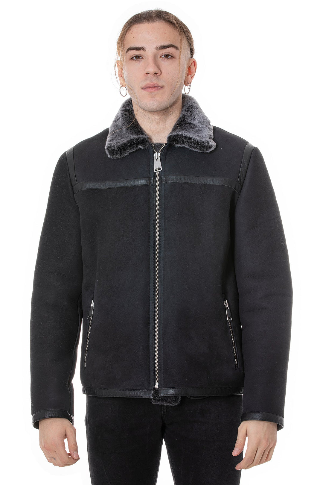 Man wearing black sheepskin jacket with grey collar