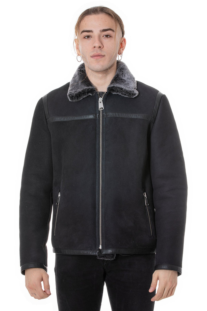 Man wearing black sheepskin jacket with grey collar