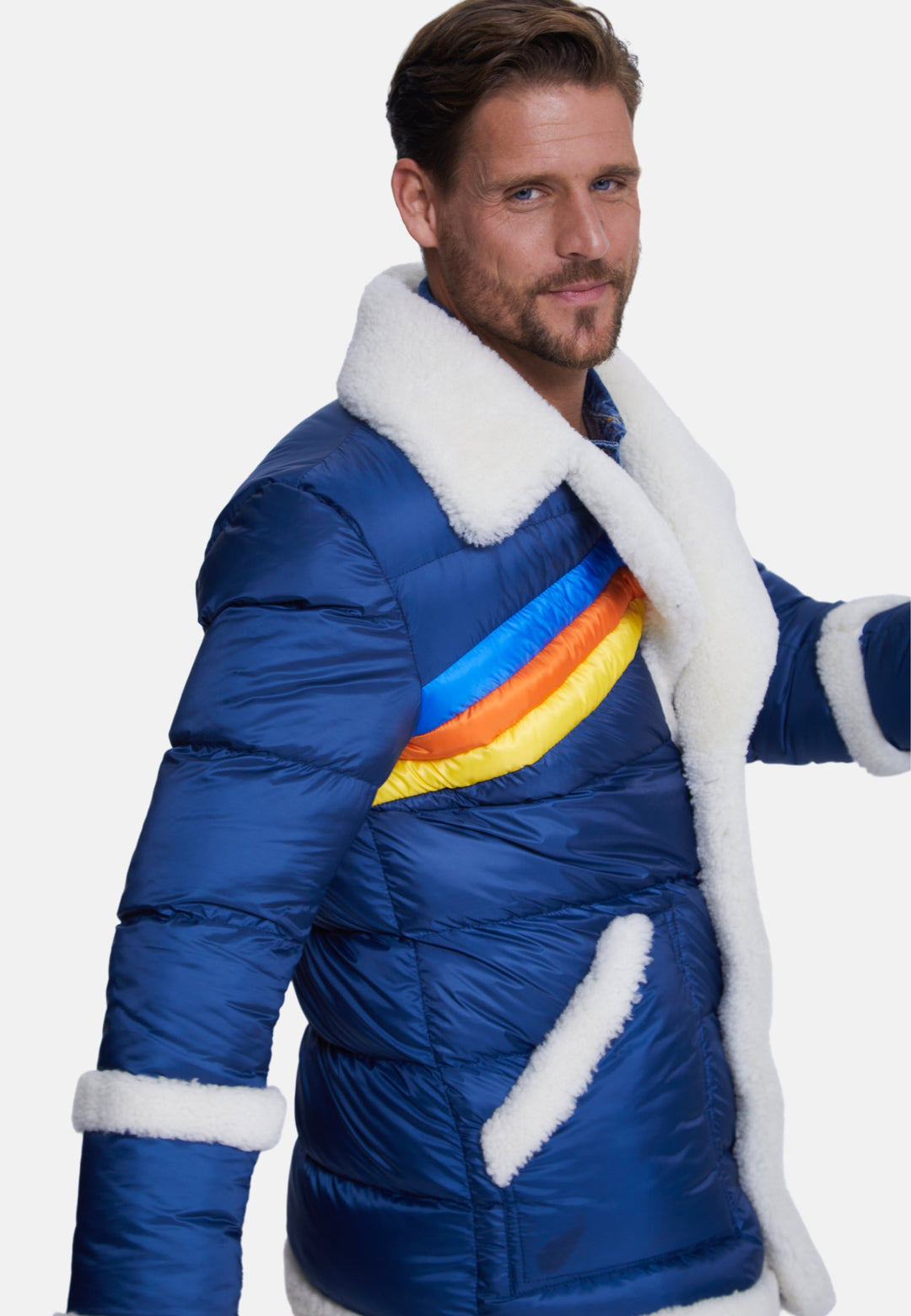 Man wearing blue puffer coat