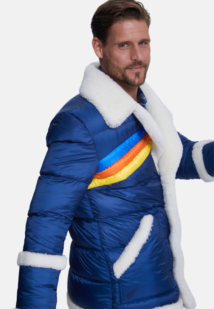 Man wearing blue puffer coat