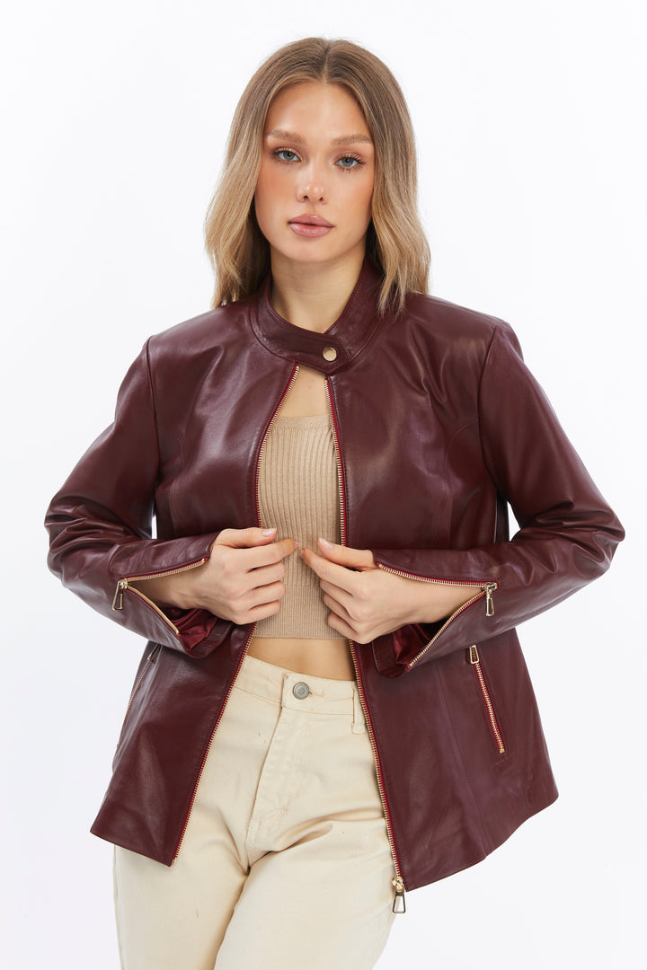 Burgundy leather jacket on model
