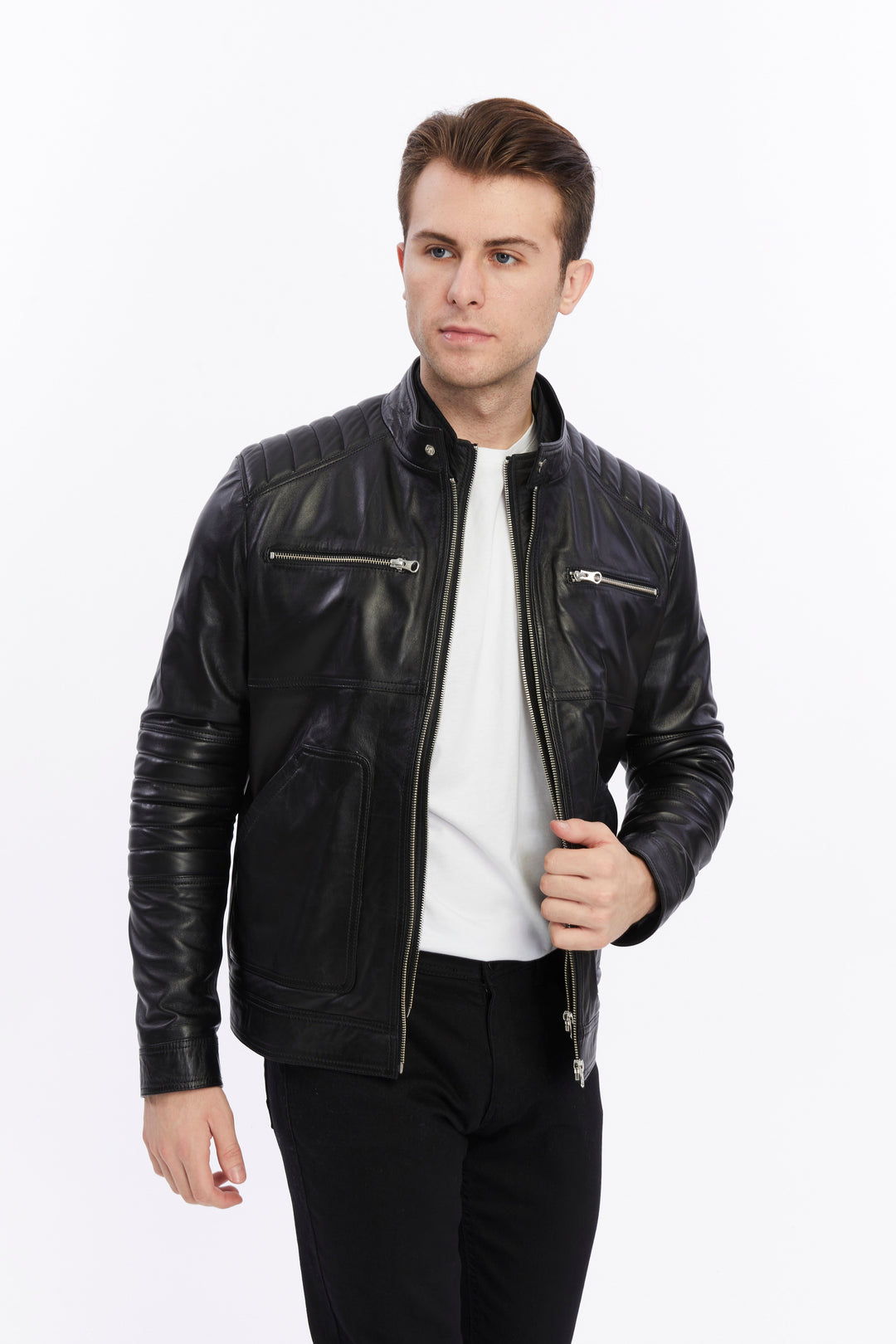 Man wearing black leather jacket