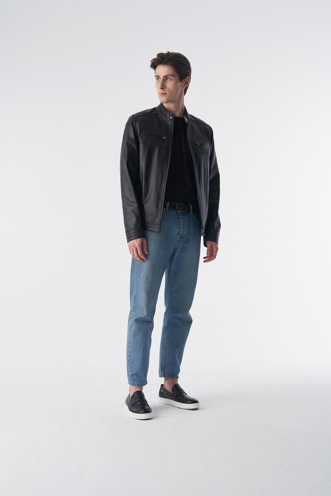 Man wearing black leather jacket