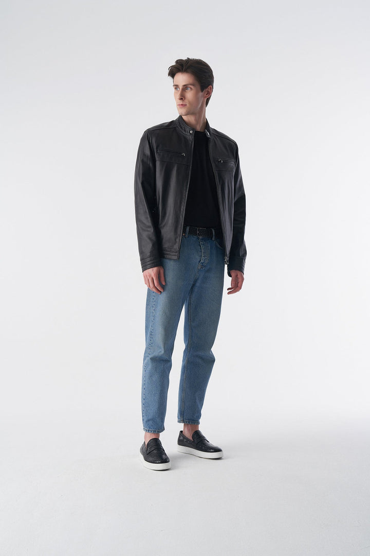 Man wearing black leather jacket