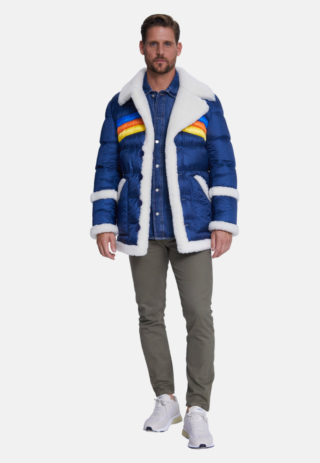 Male model wearing blue puffer coat