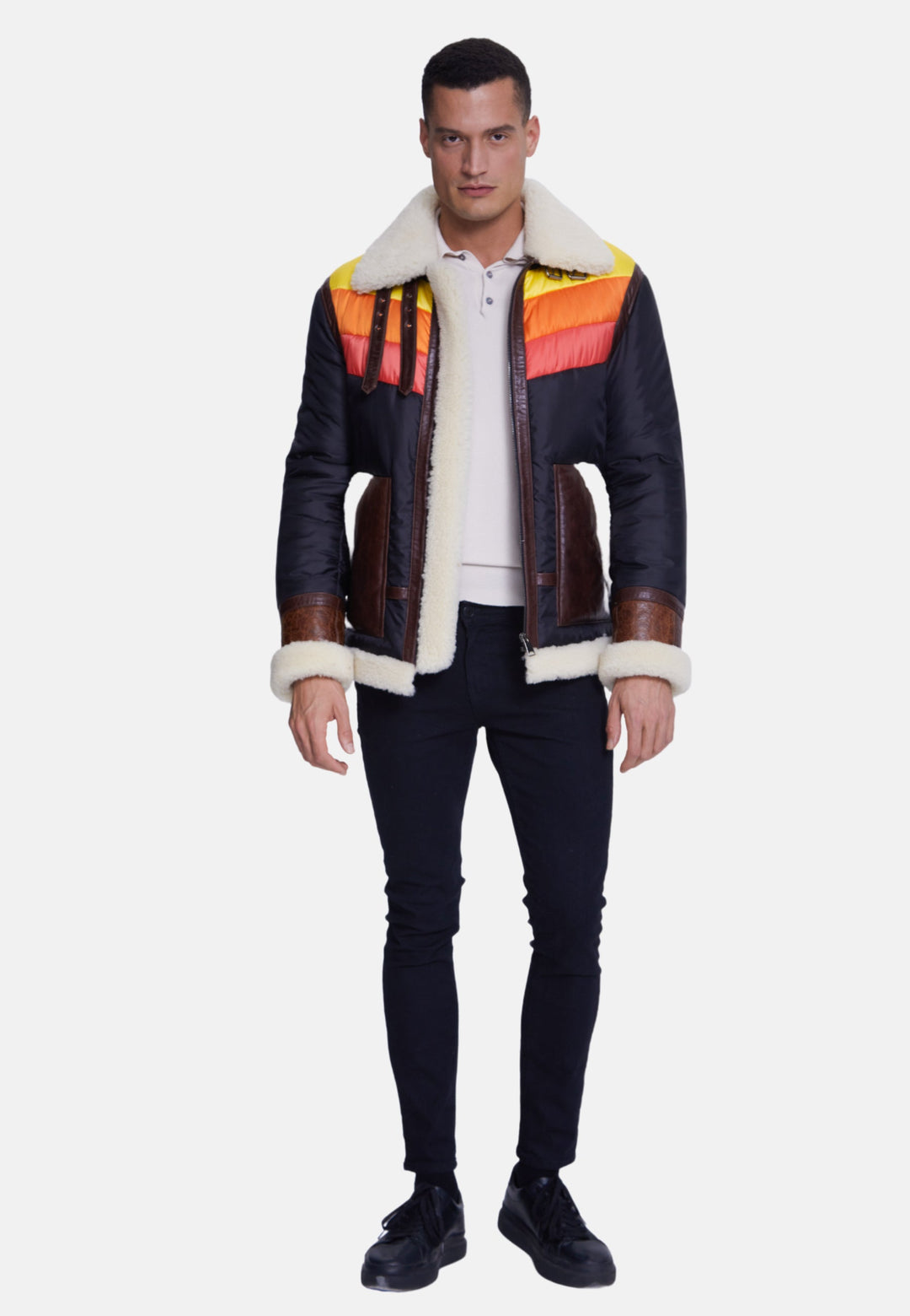 Male model in multicolor shearling coat