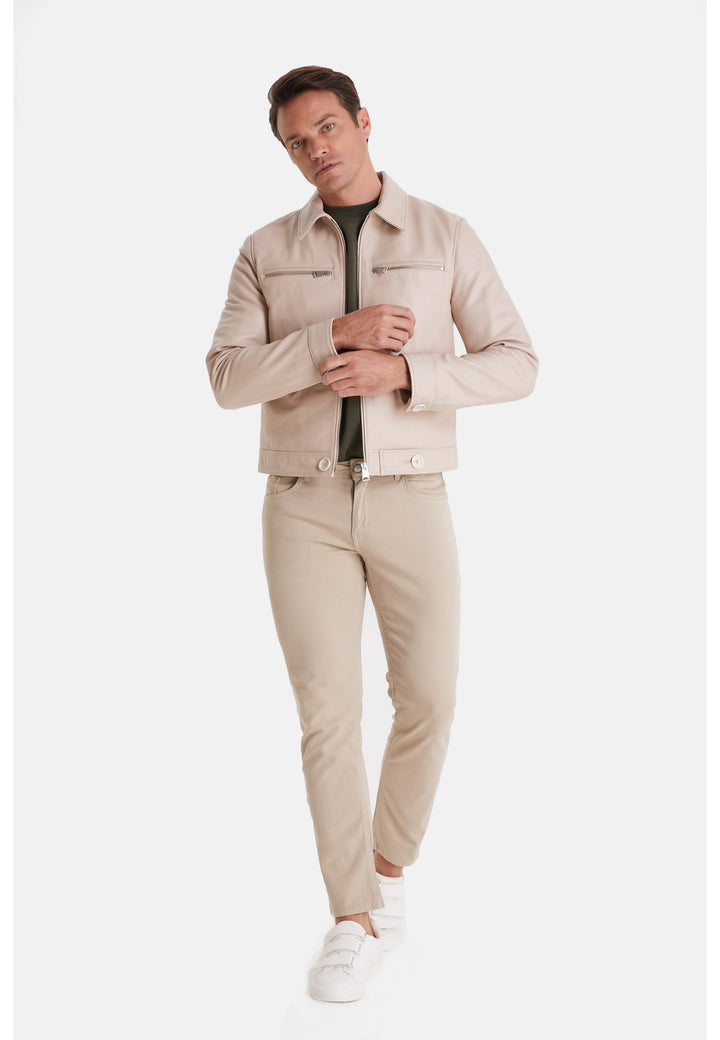 Male model in beige leather jacket