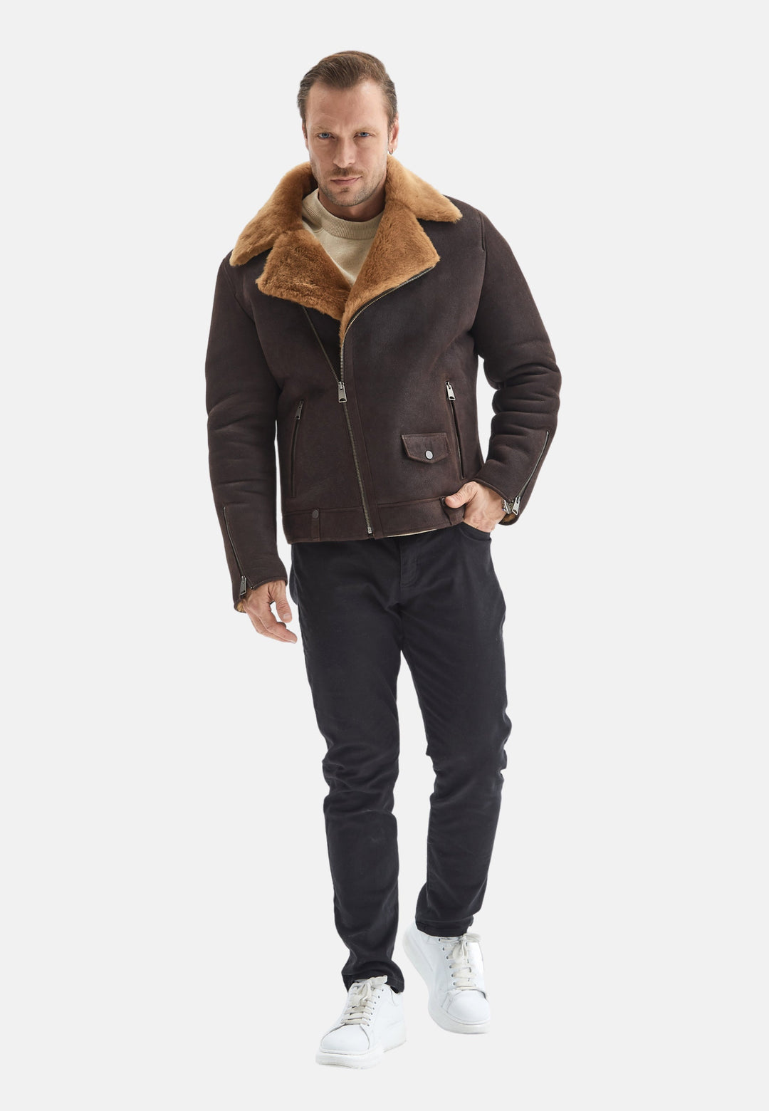 Man wearing brown shearling jacket