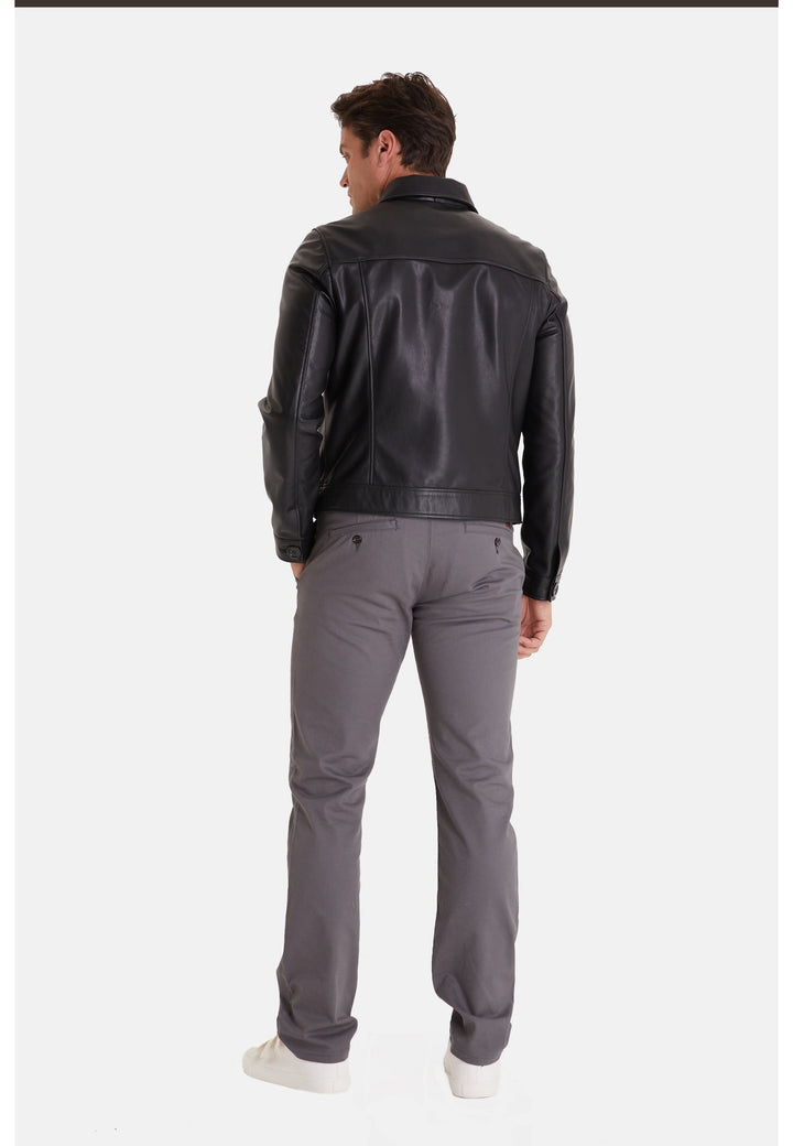 Male model wearing black leather jacket