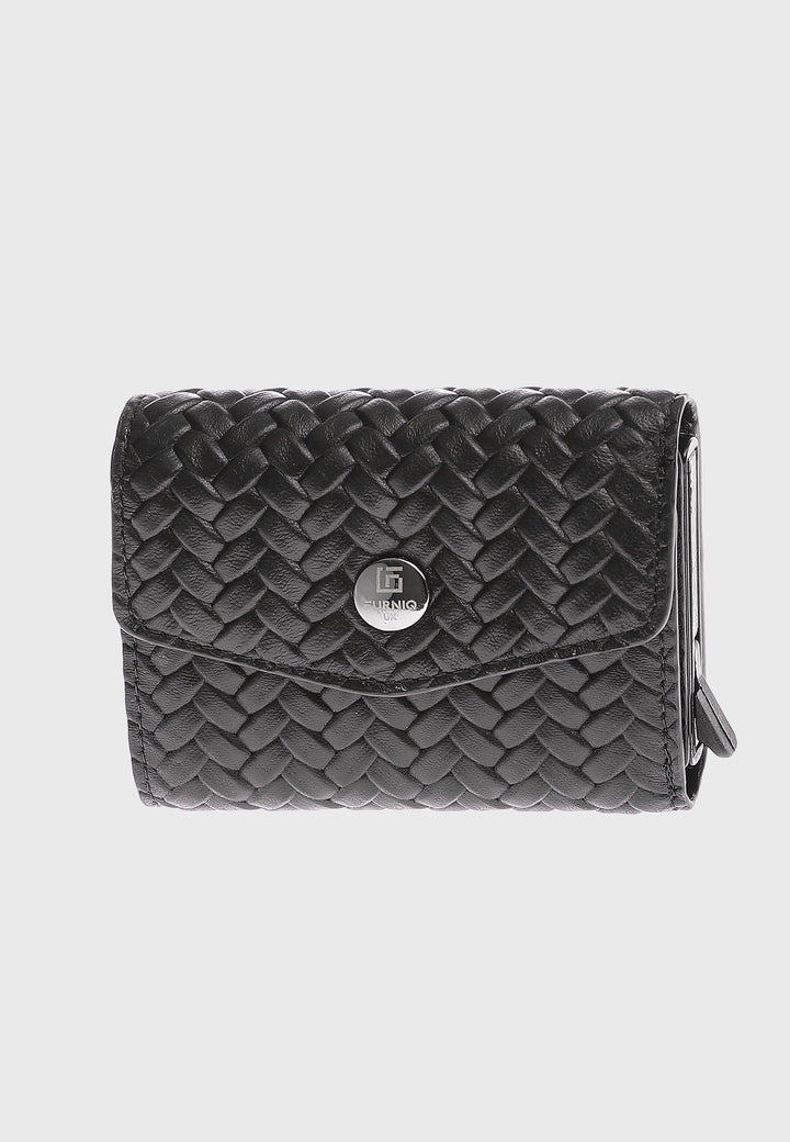 Black woven leather snap wallet