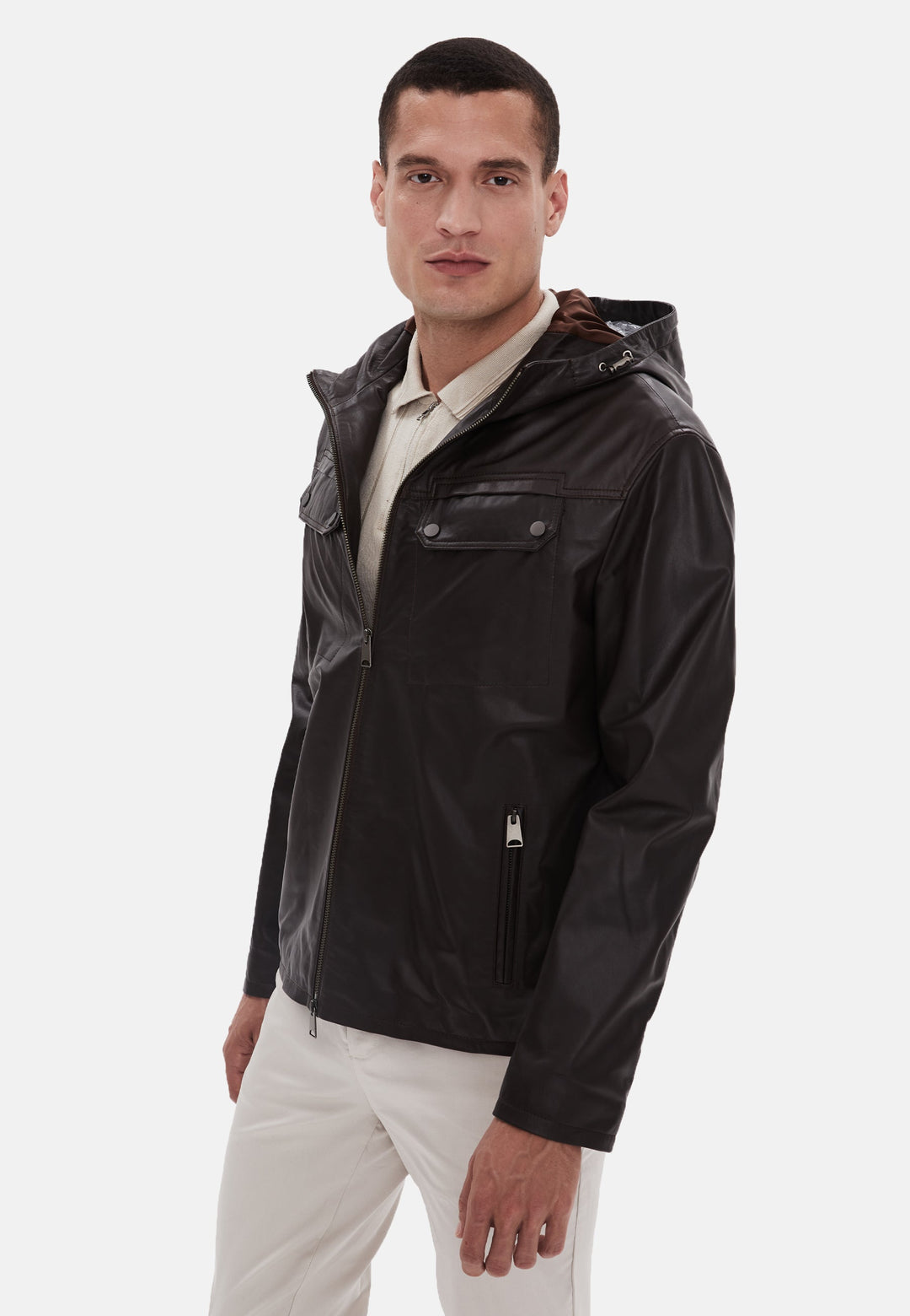 Male model wearing black leather hooded jacket